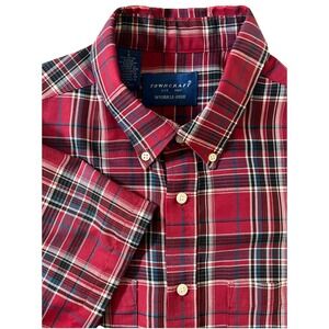 Vintage Towncraft Shirt Mens Large Red Plaid Wrinkle Free Casual Button‎ Up